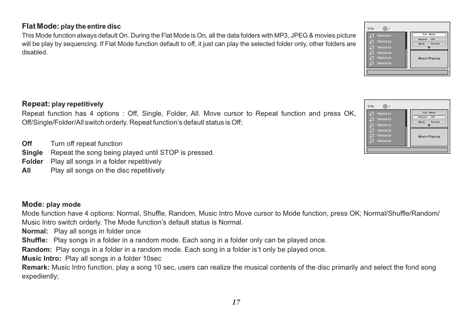 17 flat mode, Repeat, Mode | Play the entire disc | Audiovox Mobile Video 128-8342 User Manual | Page 17 / 26