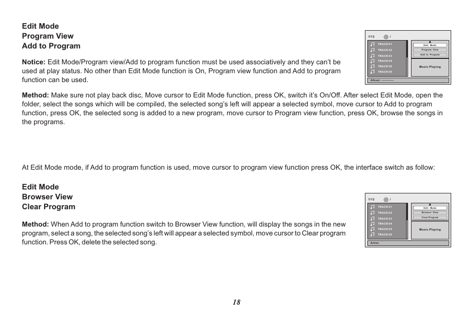 18 edit mode program view add to program, Edit mode browser view clear program | Audiovox Mobile Video 128-8342 User Manual | Page 18 / 26