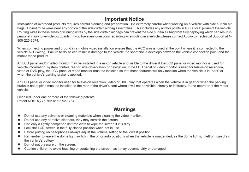 Important notice, Warnings | Audiovox Mobile Video 128-8342 User Manual | Page 2 / 26