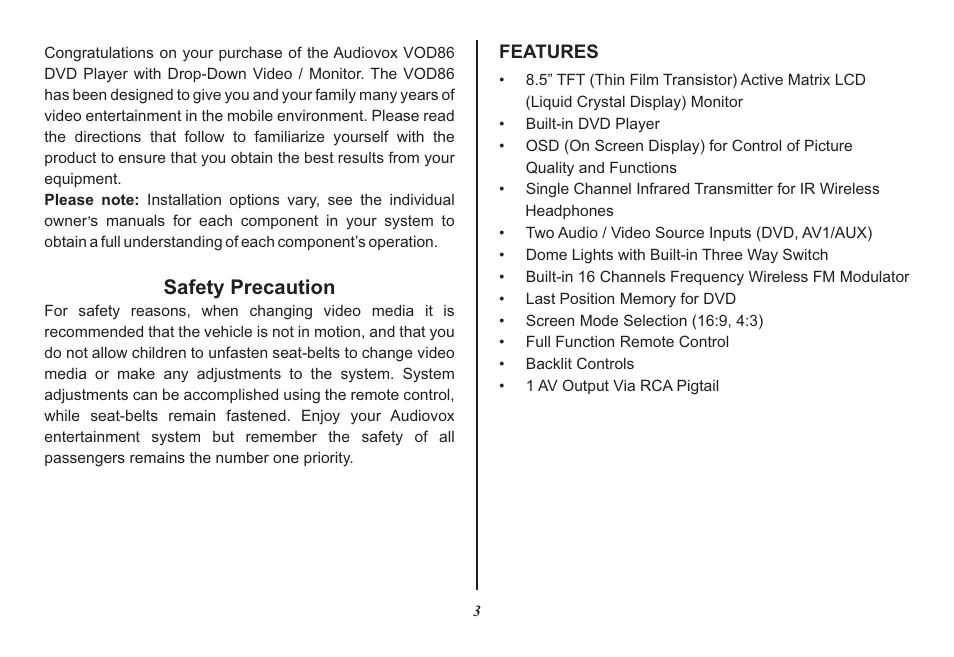 Safety precaution | Audiovox Mobile Video 128-8342 User Manual | Page 3 / 26