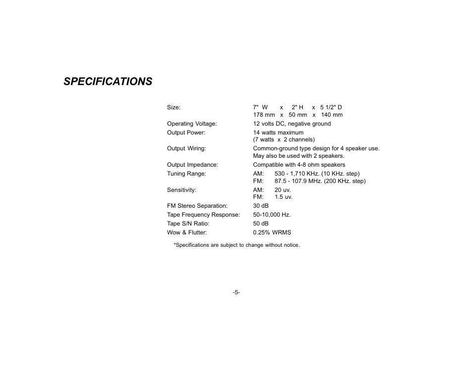 Specifications | Audiovox P-15 User Manual | Page 6 / 8