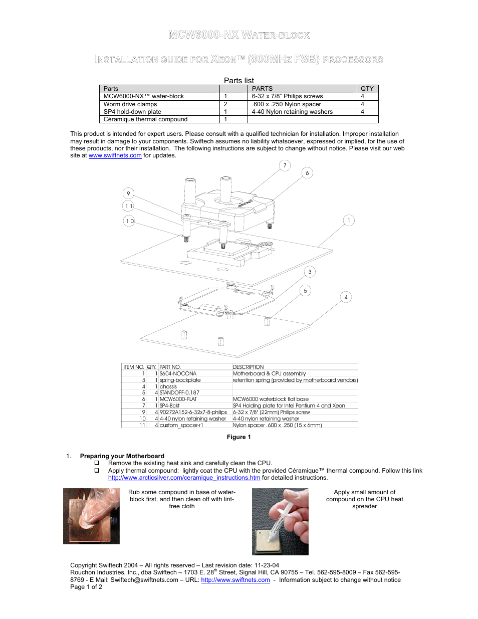 Swiftech MCW6000 NX User Manual | 2 pages