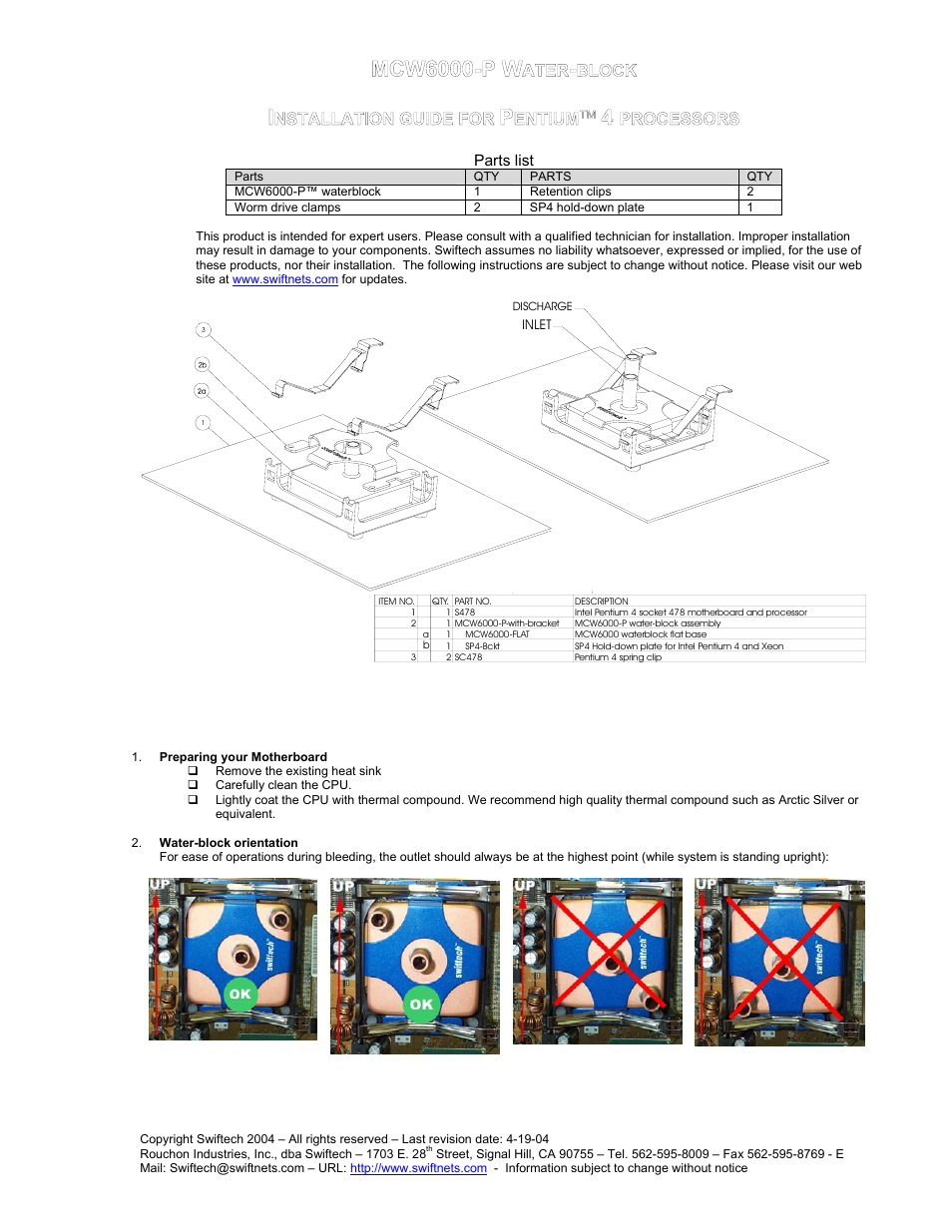 Swiftech MCW6000 P User Manual | 2 pages