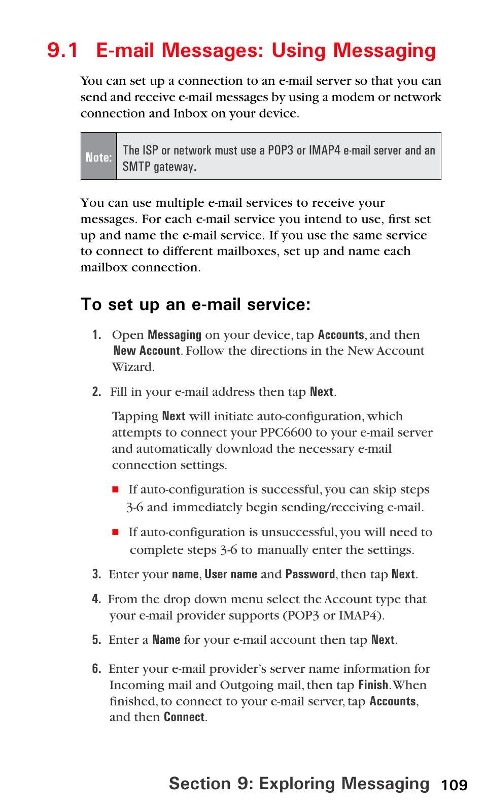 1 e-mail messages: using messaging, 1 e-mail messages, Settings in section 9 | Sprint PPC-6600 User Manual | Page 114 / 195