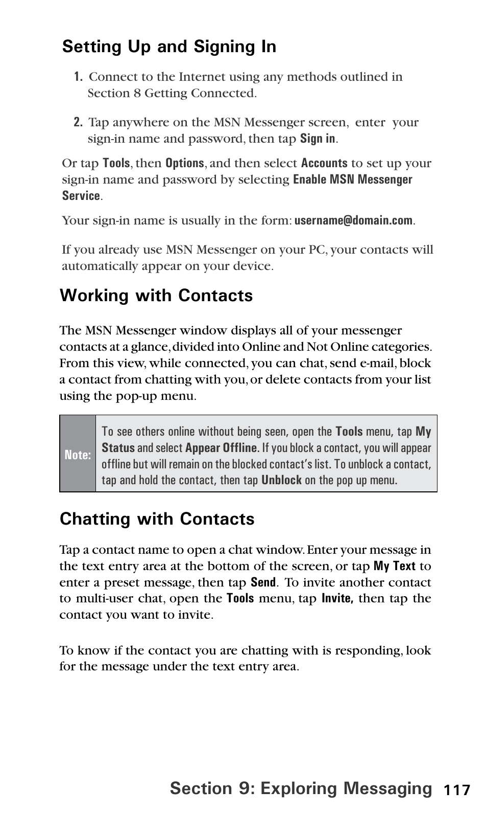 Chatting with contacts, Setting up and signing in | Sprint PPC-6600 User Manual | Page 122 / 195