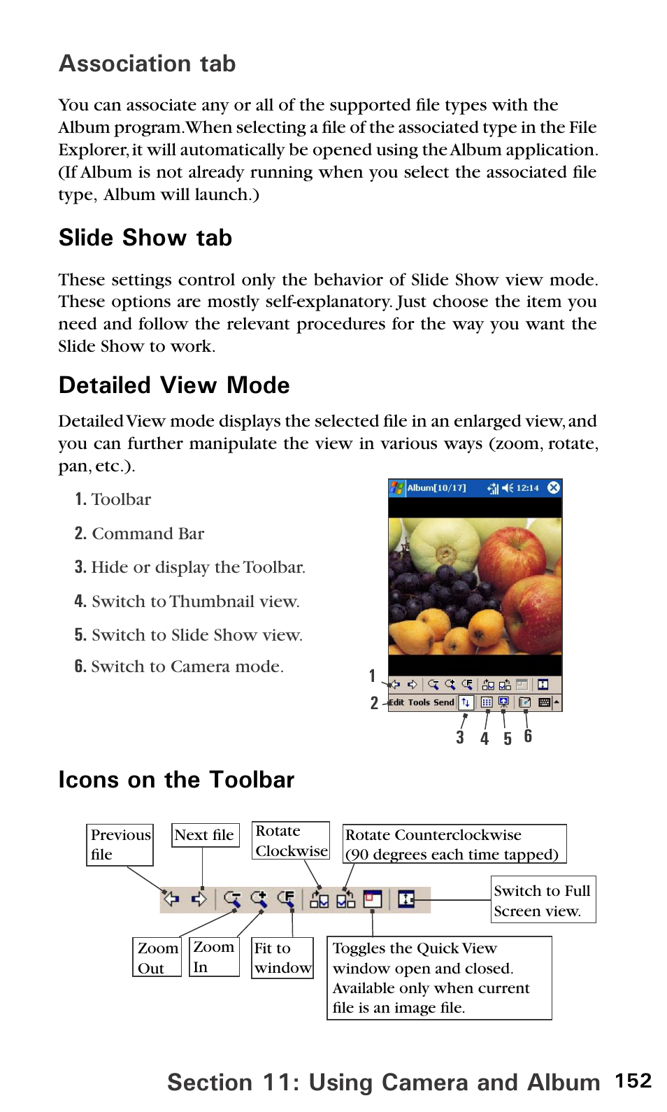 Detailed view mode, Icons on the toolbar association tab | Sprint PPC-6600 User Manual | Page 157 / 195