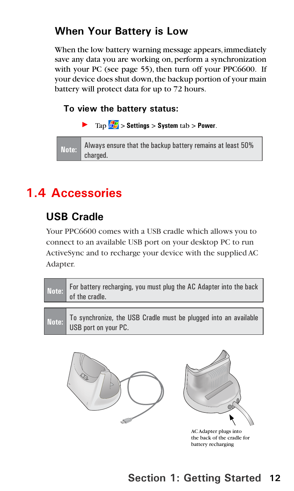 4 accessories, Usb cradle, When your battery is low | Sprint PPC-6600 User Manual | Page 17 / 195