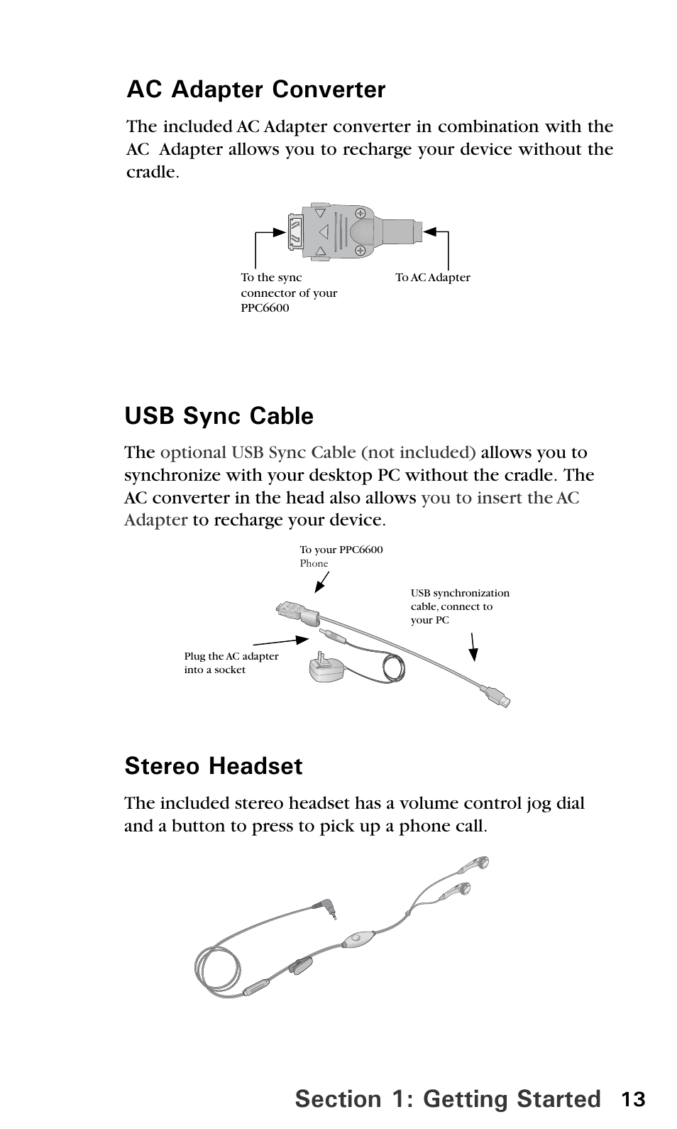 Stereo headset, Ac adapter converter | Sprint PPC-6600 User Manual | Page 18 / 195