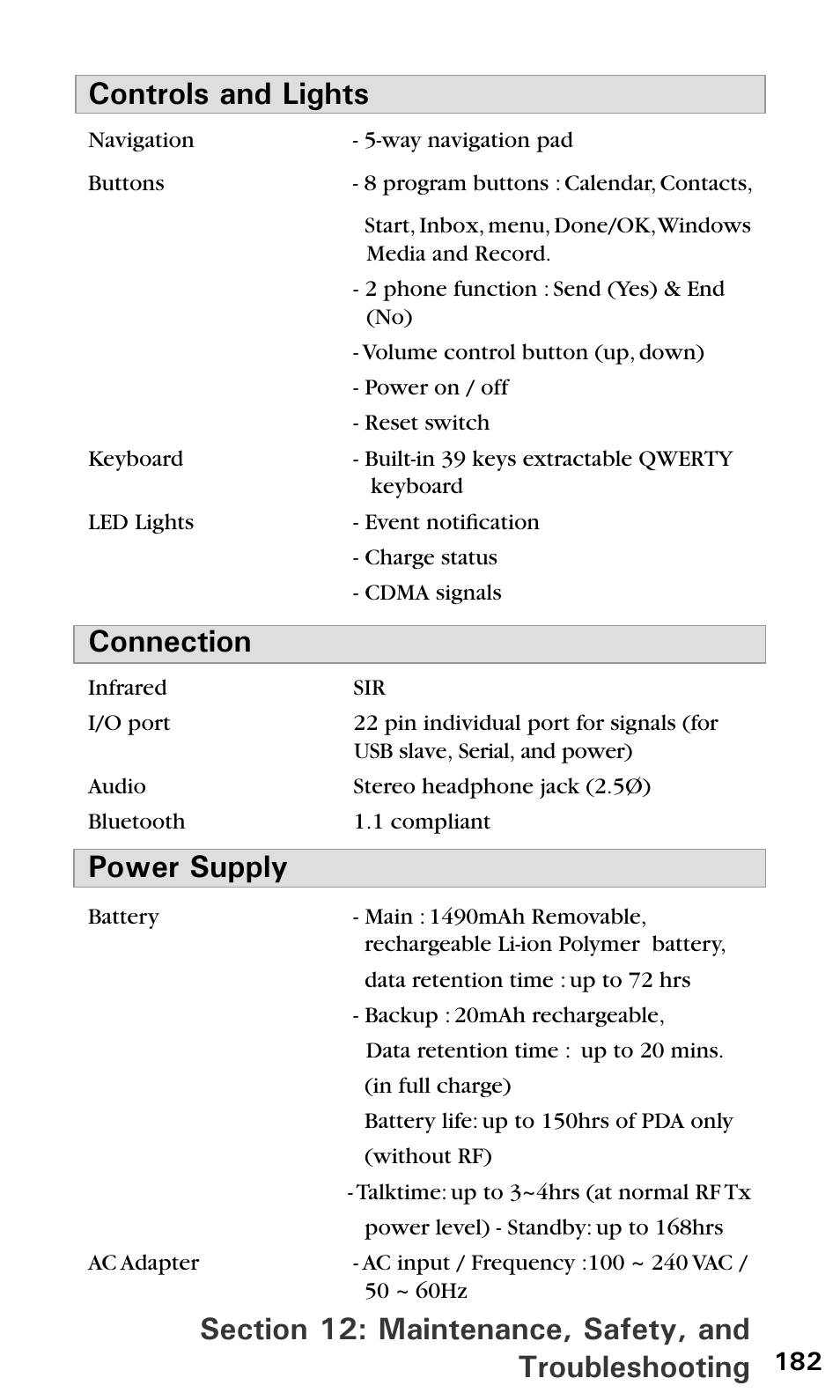 Connection, Power supply | Sprint PPC-6600 User Manual | Page 187 / 195