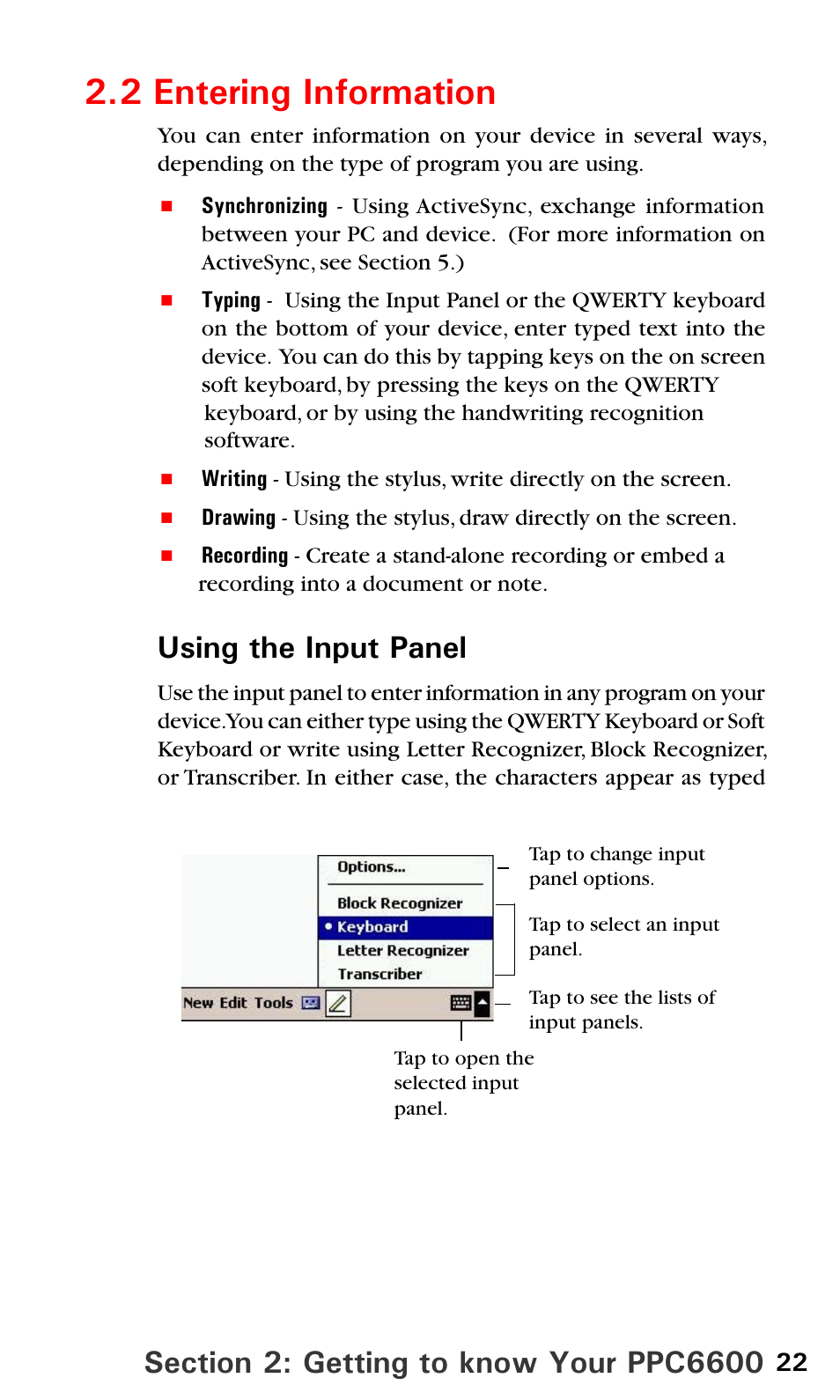 2 entering information, Using the input panel | Sprint PPC-6600 User Manual | Page 27 / 195