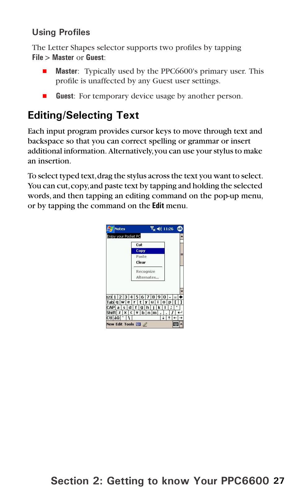 Editing/selecting text | Sprint PPC-6600 User Manual | Page 32 / 195