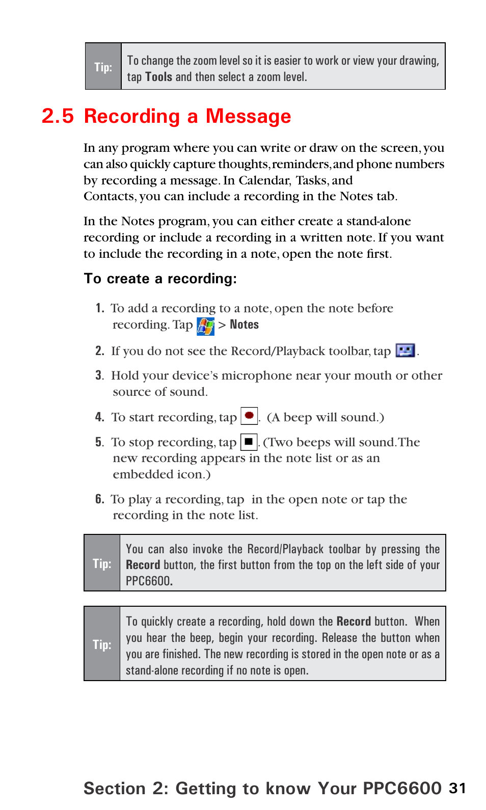 5 recording a message | Sprint PPC-6600 User Manual | Page 36 / 195