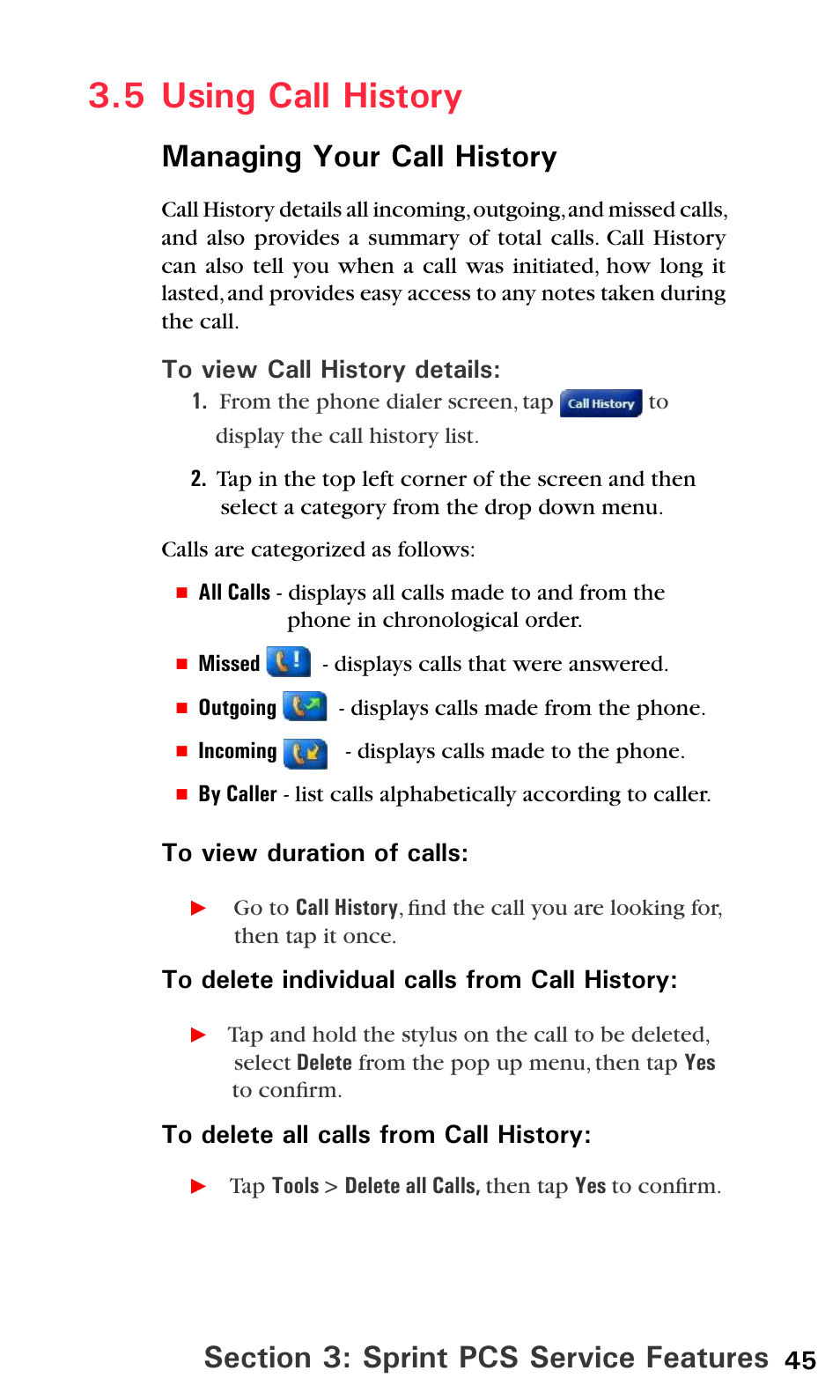 5 contacts information, 5 using call history, Managing your call history | Sprint PPC-6600 User Manual | Page 50 / 195