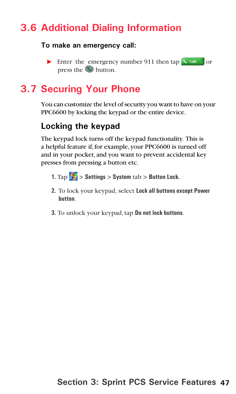 6 additional dialing information, 7 securing your phone, 47 3.7 securing your phone | Locking the keypad | Sprint PPC-6600 User Manual | Page 52 / 195