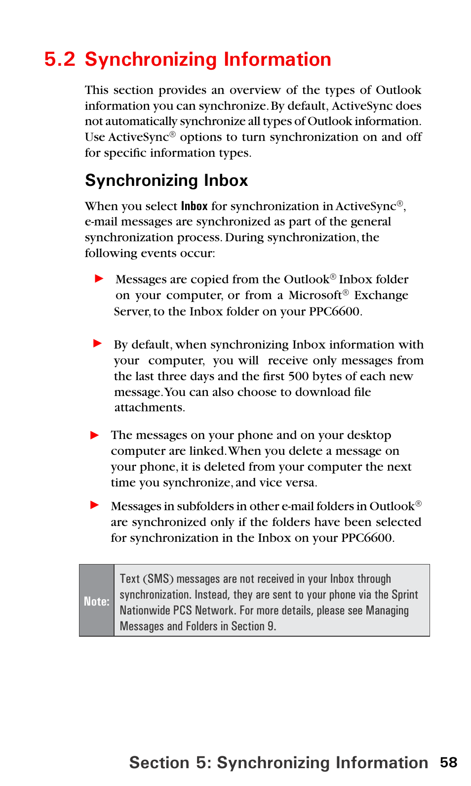 2 synchronizing information, Synchronizing inbox | Sprint PPC-6600 User Manual | Page 63 / 195