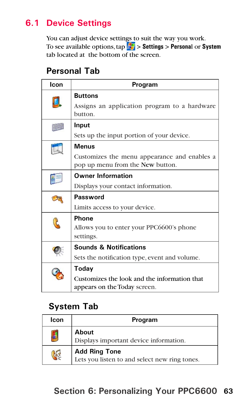 1 device settings, Personal tab system tab | Sprint PPC-6600 User Manual | Page 68 / 195