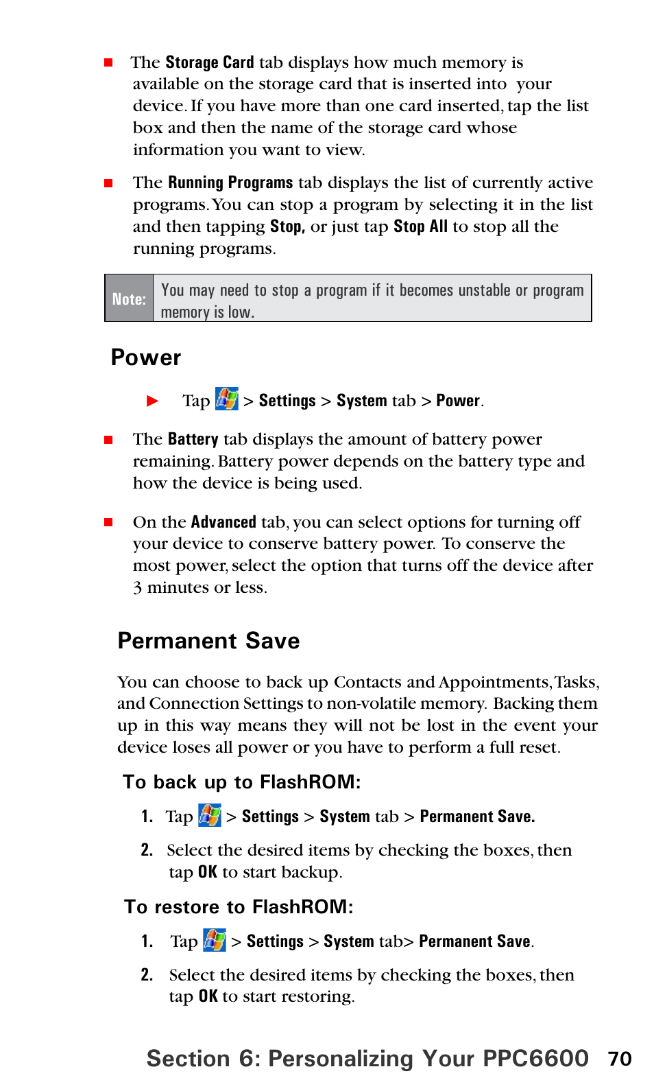 Power, Permanent save | Sprint PPC-6600 User Manual | Page 75 / 195