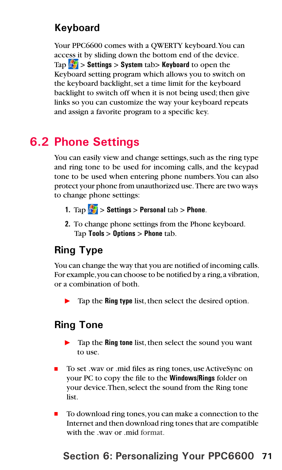 2 phone settings, Ring type, Ring tone | Sprint PPC-6600 User Manual | Page 76 / 195