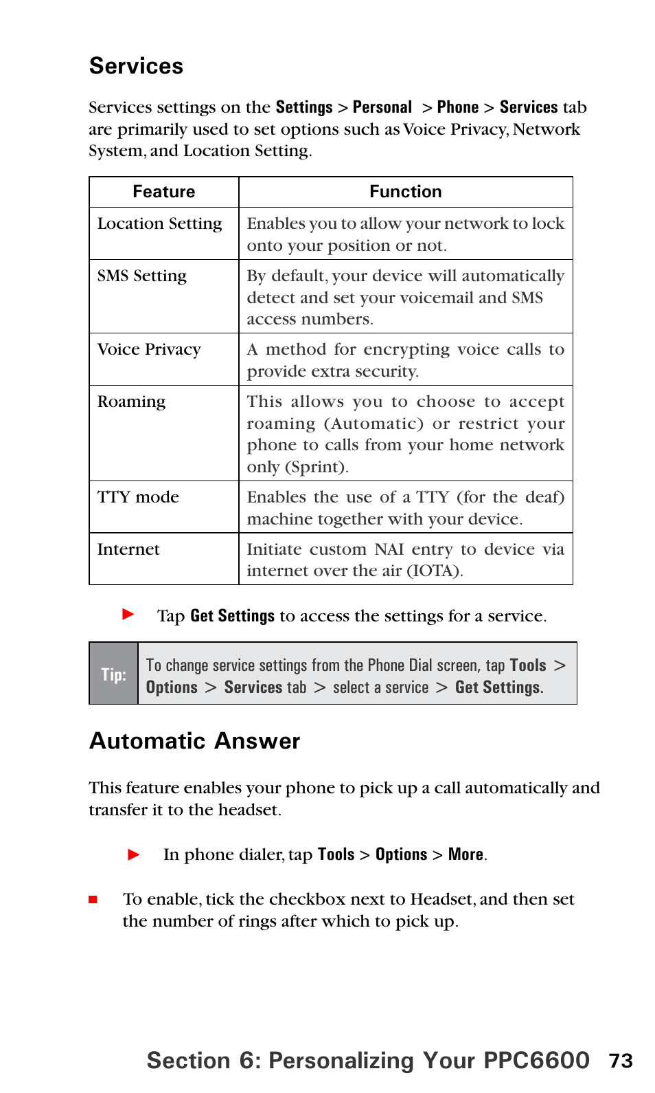 Automatic answer | Sprint PPC-6600 User Manual | Page 78 / 195