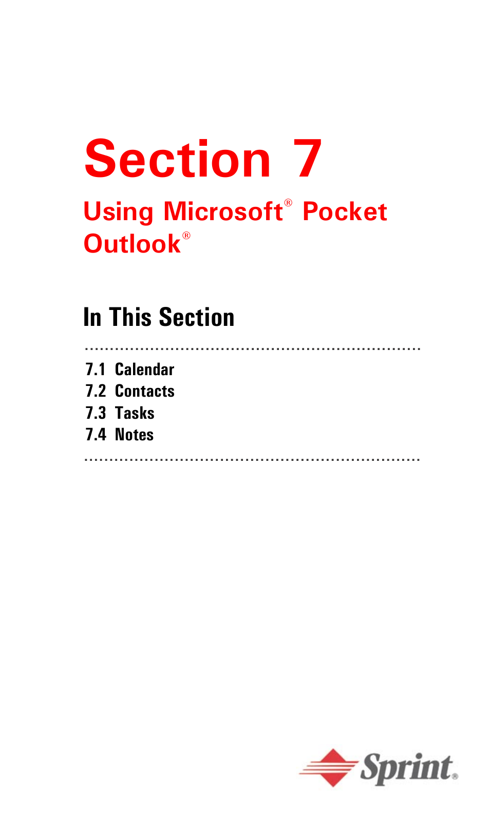 Section 7, Section 7: using microsoft, Pocket | Outlook, Using microsoft, Pocket outlook | Sprint PPC-6600 User Manual | Page 79 / 195