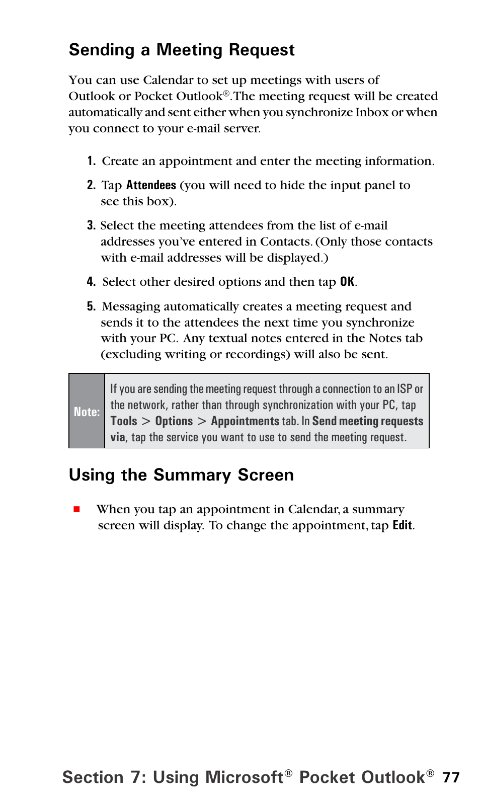 Pocket outlook, Sending a meeting request, Using the summary screen | Sprint PPC-6600 User Manual | Page 82 / 195