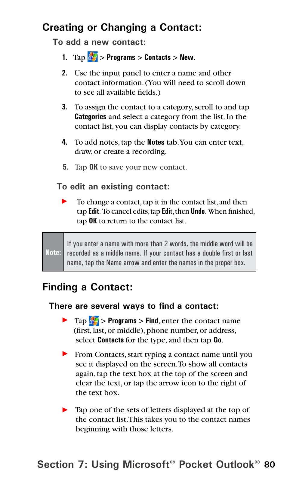 Pocket outlook, Creating or changing a contact, Finding a contact | Sprint PPC-6600 User Manual | Page 85 / 195