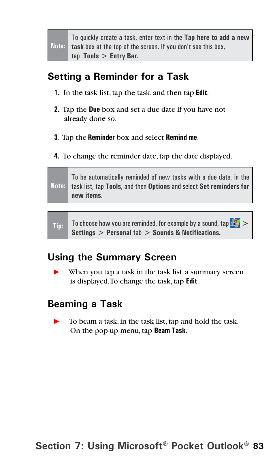 Pocket outlook, Setting a reminder for a task, Using the summary screen | Beaming a task | Sprint PPC-6600 User Manual | Page 88 / 195