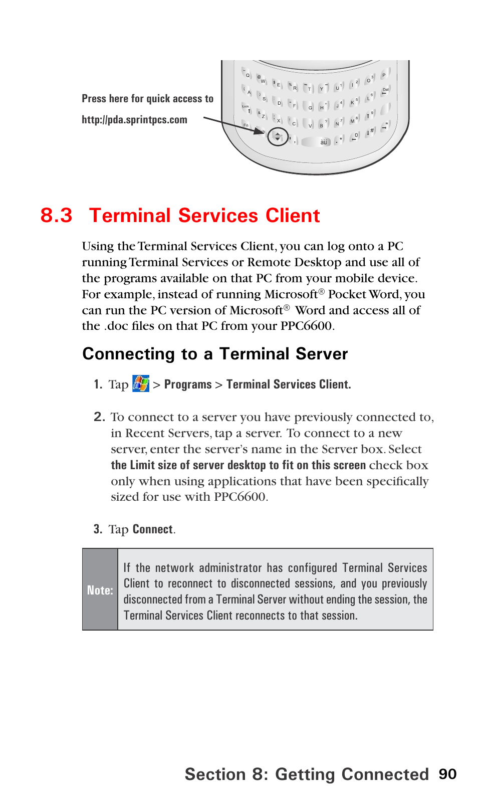 3 terminal services client, Connecting to a terminal server | Sprint PPC-6600 User Manual | Page 95 / 195