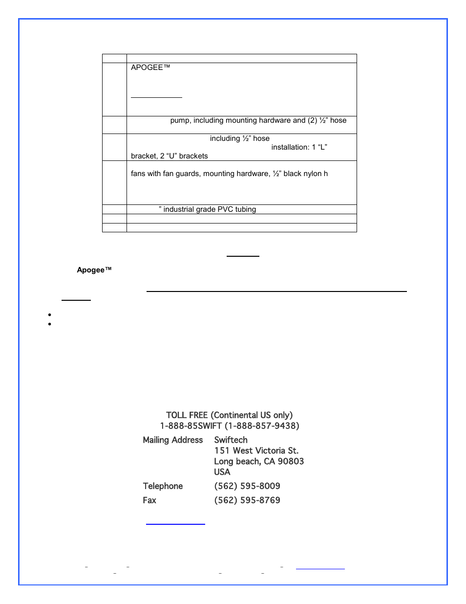 Packing list | Swiftech APEX ULTIMA XT User Manual | Page 2 / 15
