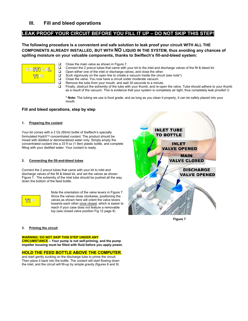 Fill and bleed operations, Reparing the coolant, Onnecting the fill | Bleed tubes, Riming the circuit, Iii. fill and bleed operations, Critical tip | Swiftech H20 120 User Manual | Page 10 / 39
