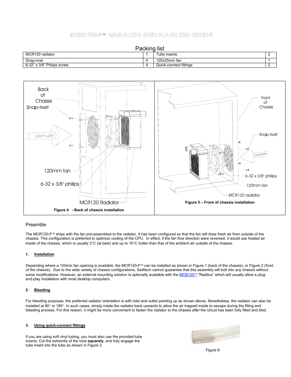 Mcr120-f, Radiator installation guide, Nstallation | Leeding, Sing quick, Connect fittings, Radi, Packing list | Swiftech H20 120 User Manual | Page 15 / 39