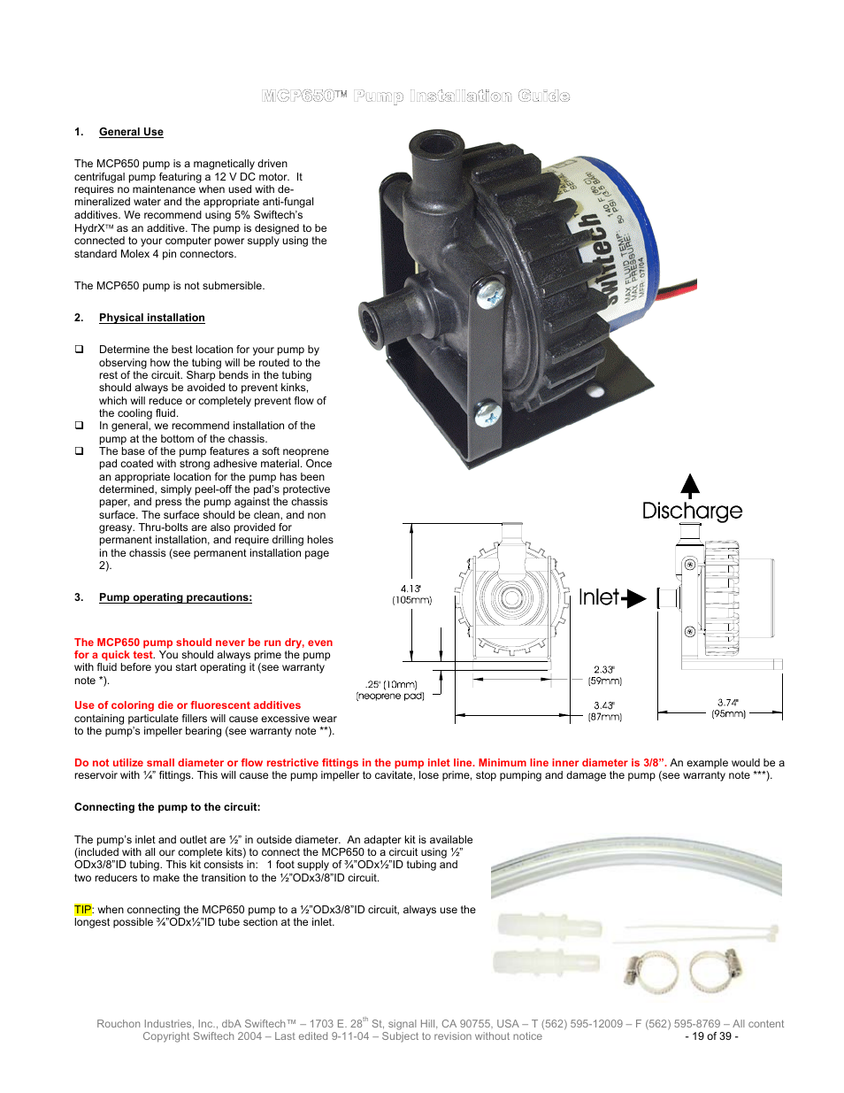 Mcp650, Nstallation, Uide | Eneral, Hysical installation, Ump operating precautions | Swiftech H20 120 User Manual | Page 19 / 39