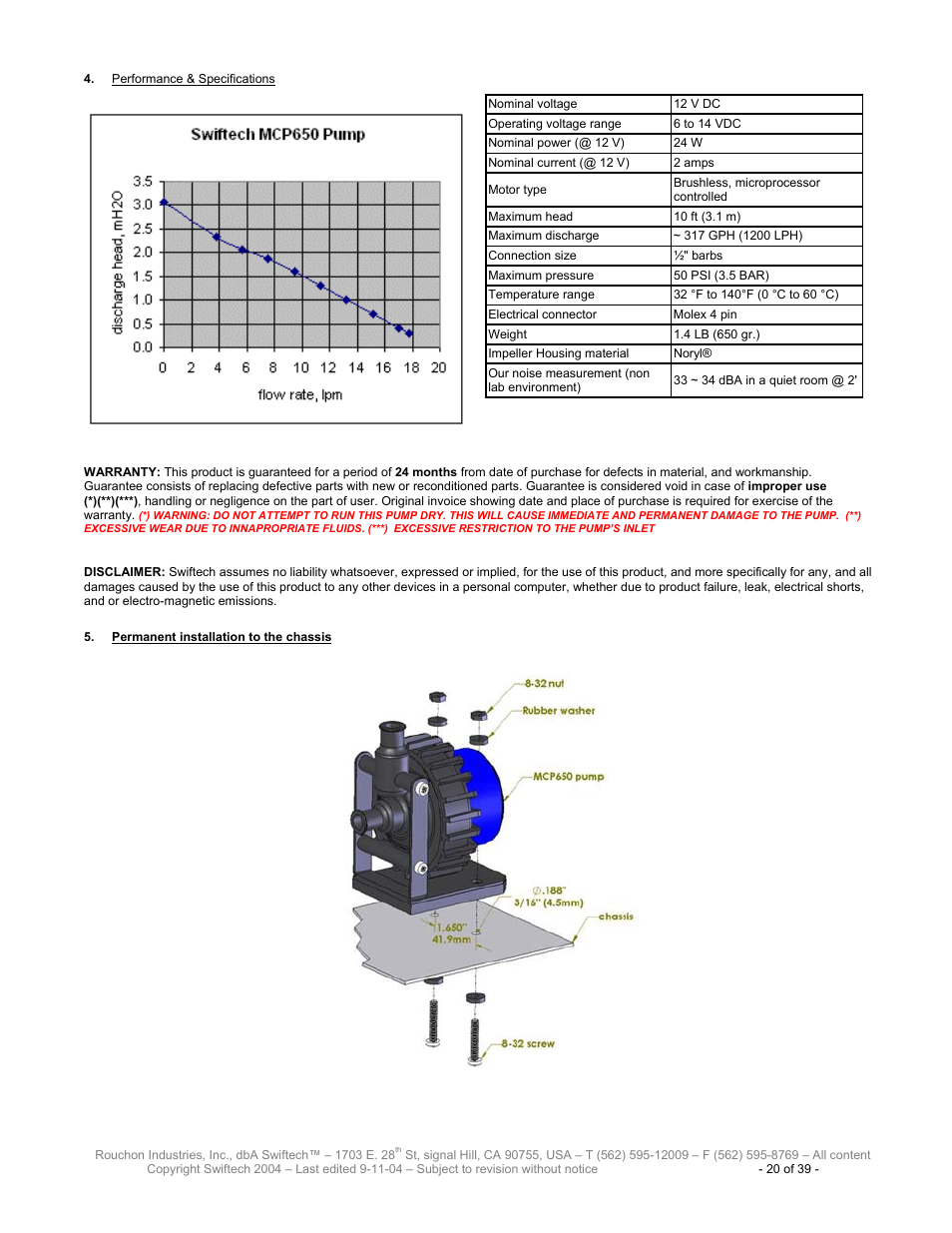 Erformance, Pecifications, Ermanent installation to the chassis | Swiftech H20 120 User Manual | Page 20 / 39