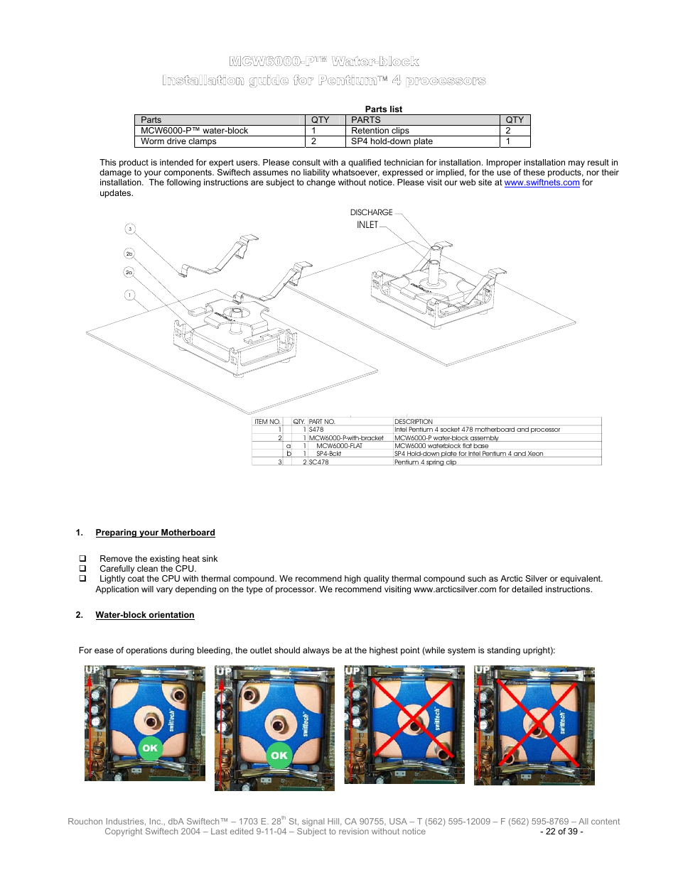 Parts list, Mcw6000-p™ w, Ater | Block, Nstallation guide for, Entium, Processors, Reparing your, Otherboard, Block orientation | Swiftech H20 120 User Manual | Page 22 / 39