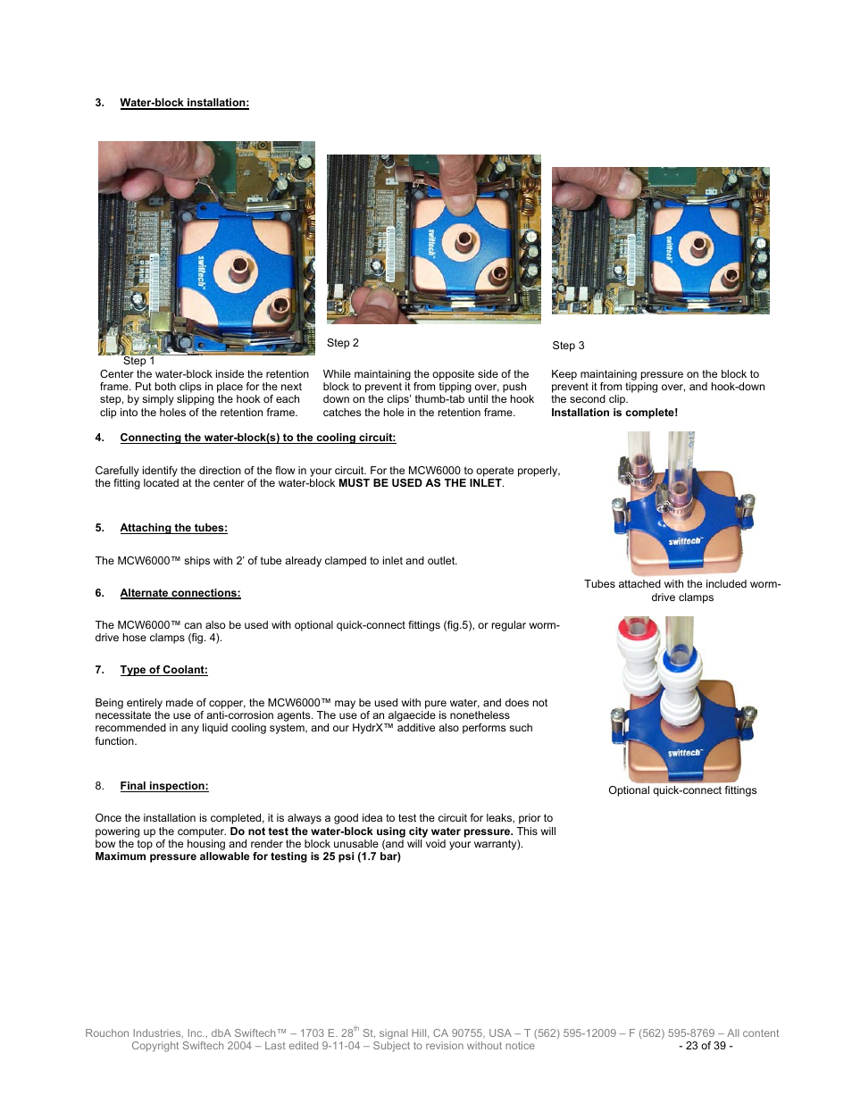 Ater, Block installation, Onnecting the water | Block, To the cooling circuit, Ttaching the tubes, Lternate connections, Ype of, Oolant, Inal inspection | Swiftech H20 120 User Manual | Page 23 / 39