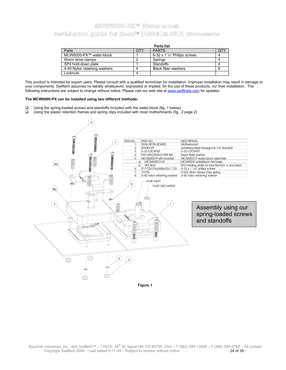 Parts list, Mcw6000-px™ w, Ater | Block, Nstallation guide for, 400mh, Fsb), Processors | Swiftech H20 120 User Manual | Page 24 / 39