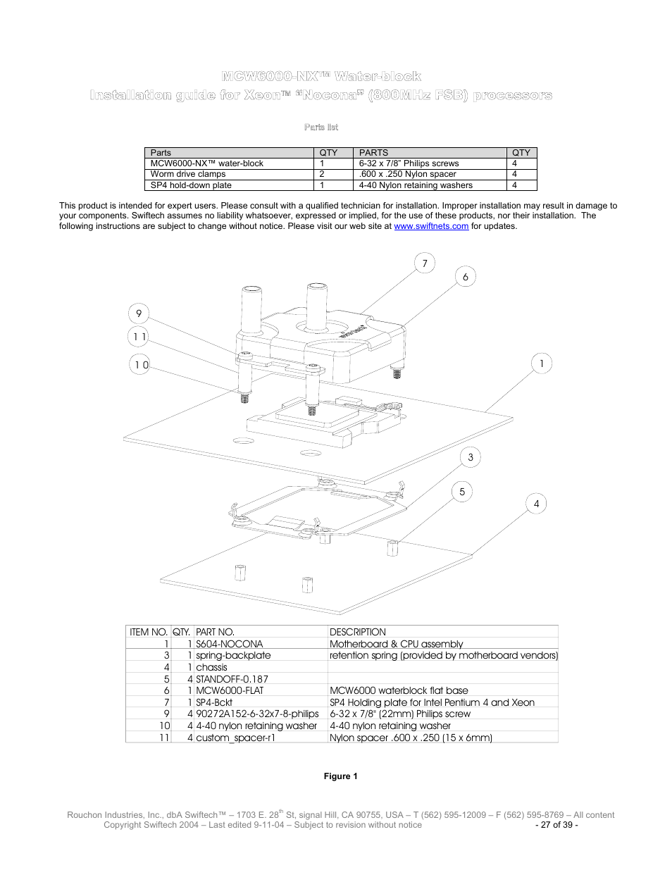 Mcw6000-nx™ w, Ater, Block | Nstallation guide for, Ocona, 800mh, Fsb), Processors, Arts list | Swiftech H20 120 User Manual | Page 27 / 39