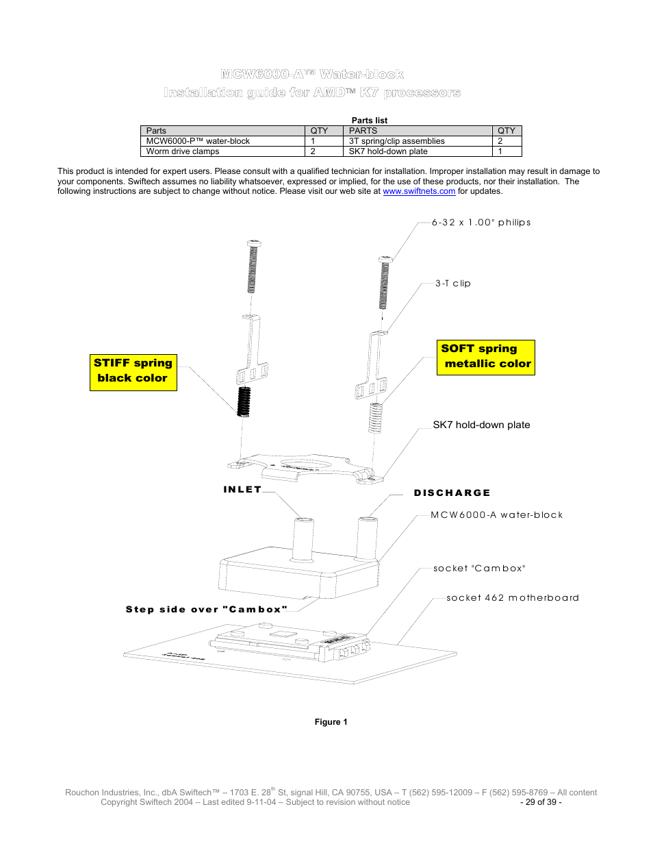 Parts list, Mcw6000-a™ w, Ater | Block, Nstallation guide for, Processors | Swiftech H20 120 User Manual | Page 29 / 39