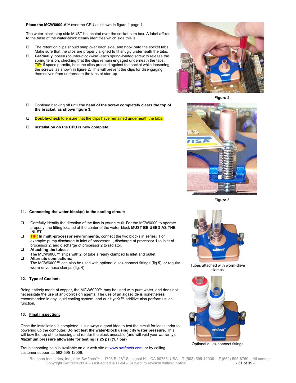 Onnecting the water, Block, To the cooling circuit | Ype of, Oolant, Inal inspection | Swiftech H20 120 User Manual | Page 31 / 39
