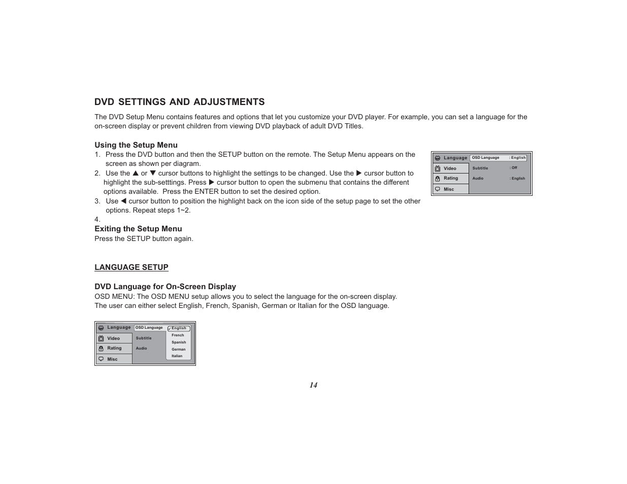 Dvd settings and adjustments, Language setup | Audiovox Mobile Video 128-8565A User Manual | Page 14 / 28