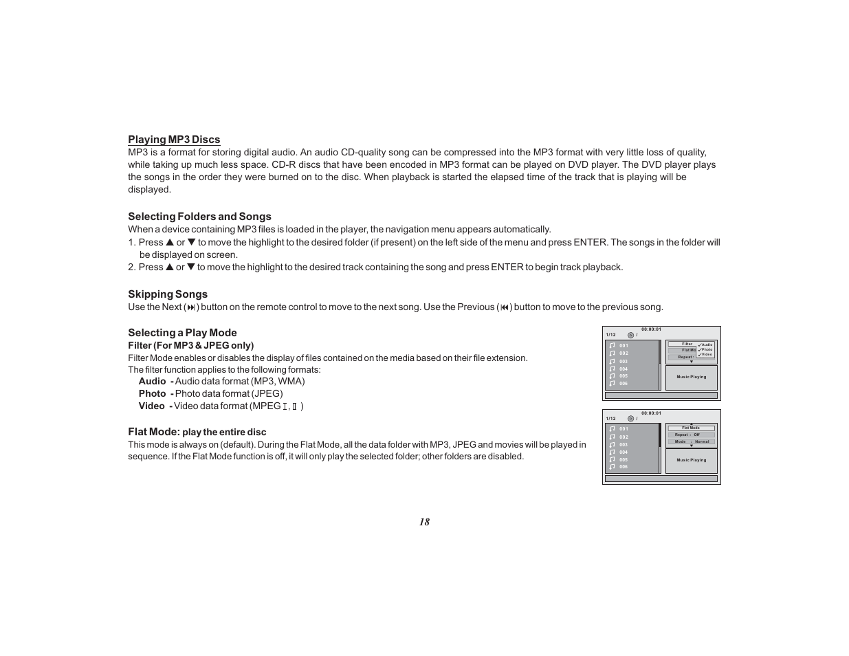 18 playing mp3 discs | Audiovox Mobile Video 128-8565A User Manual | Page 18 / 28