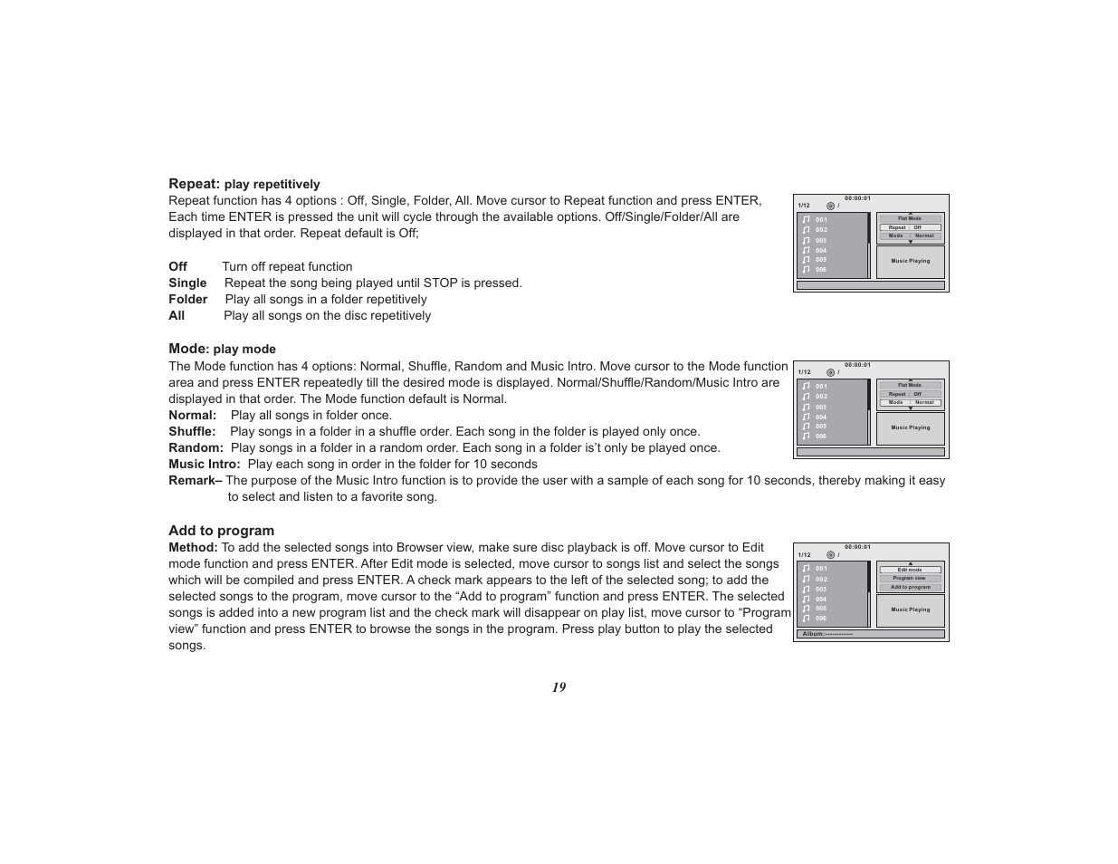 19 repeat: mode add to program | Audiovox Mobile Video 128-8565A User Manual | Page 19 / 28