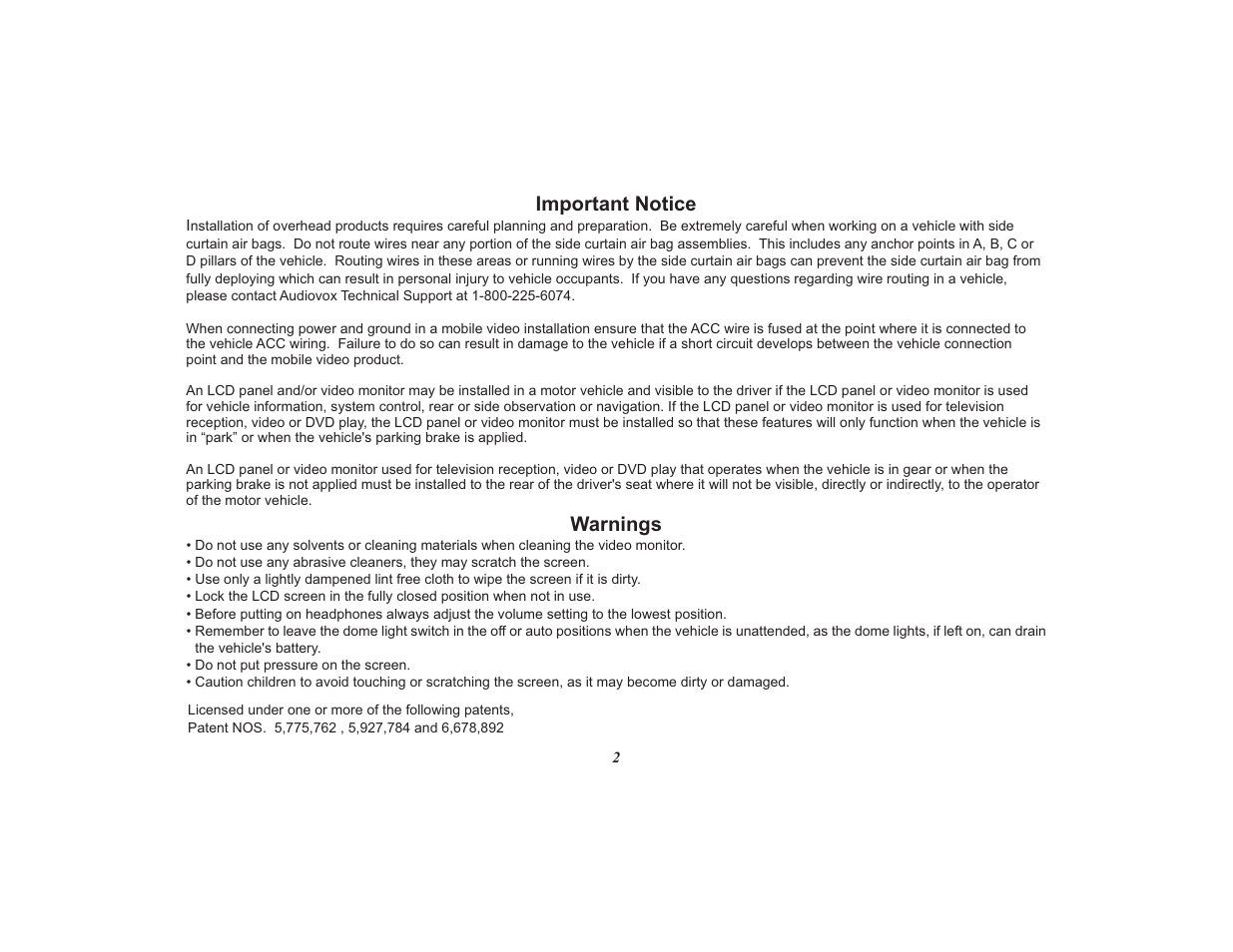 Important notice, Warnings | Audiovox Mobile Video 128-8565A User Manual | Page 2 / 28