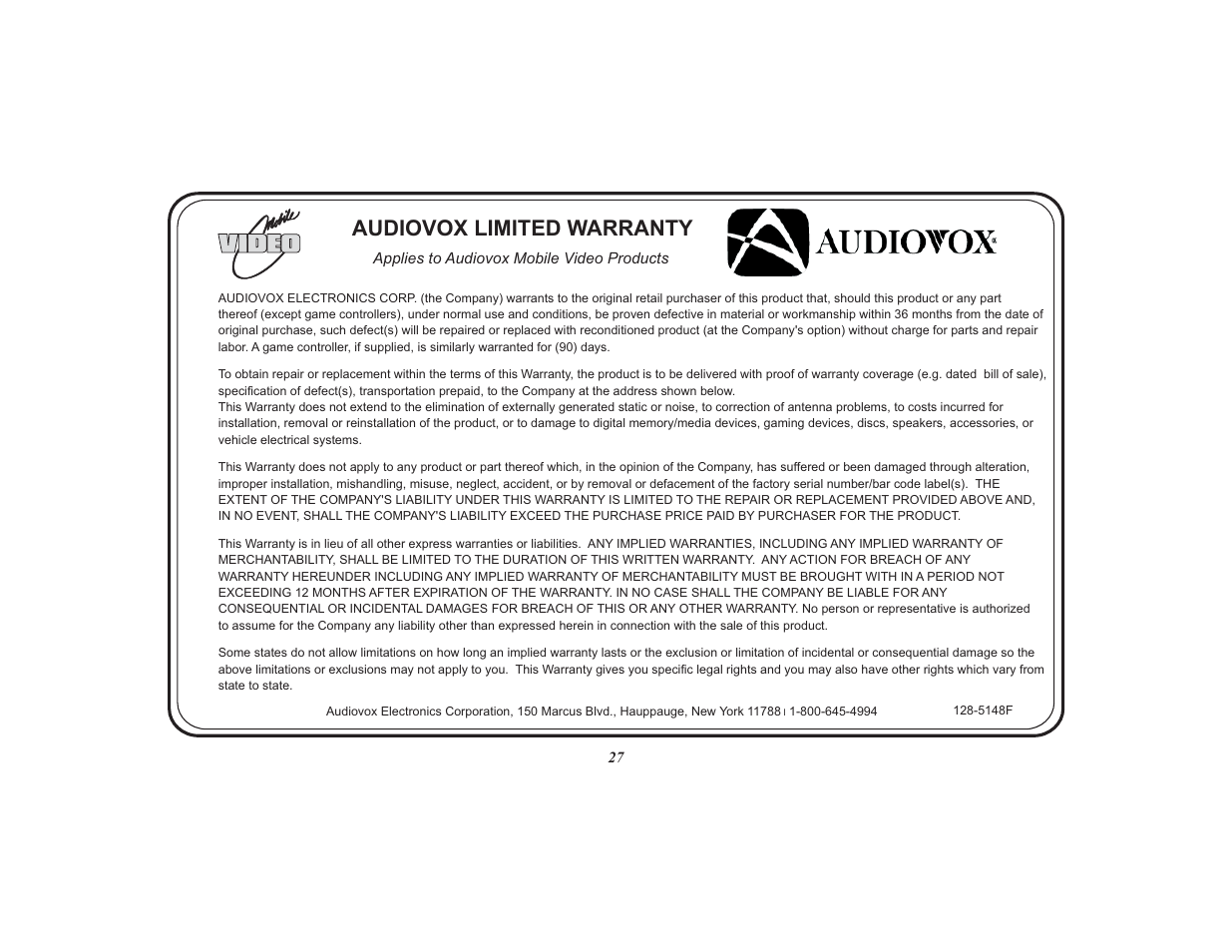 Audiovox limited warranty | Audiovox Mobile Video 128-8565A User Manual | Page 27 / 28