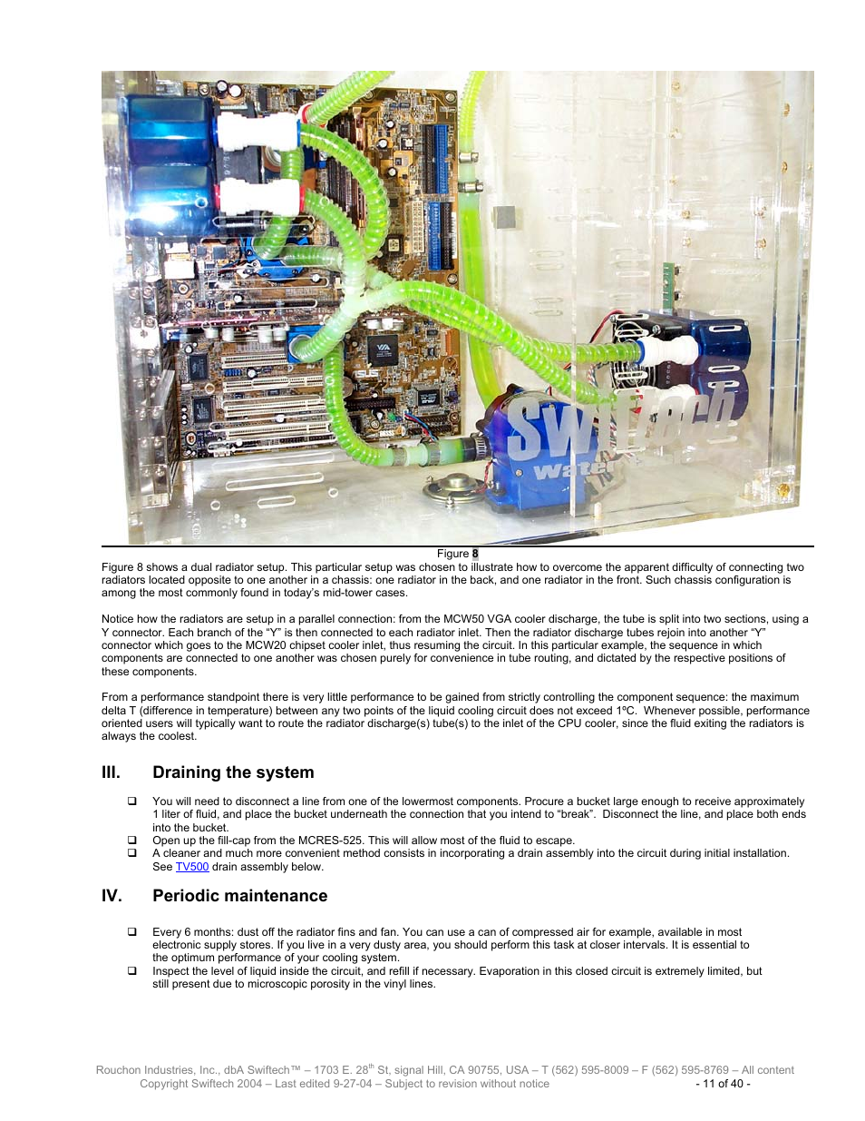 Draining the system, Periodic maintenance, Iii. draining the system | Iv. periodic maintenance | Swiftech H20 120 R2 User Manual | Page 11 / 40