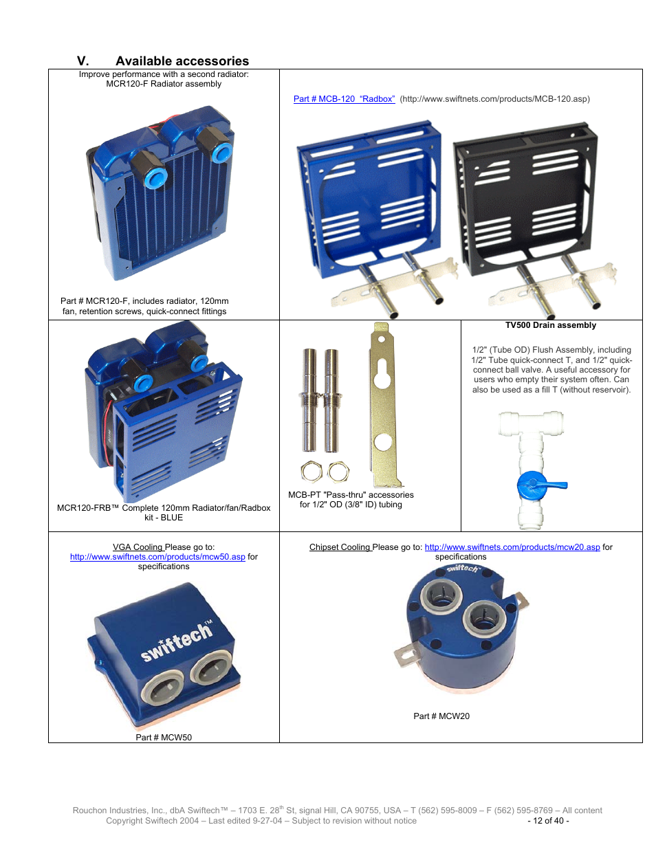 Available accessories, V. available accessories | Swiftech H20 120 R2 User Manual | Page 12 / 40