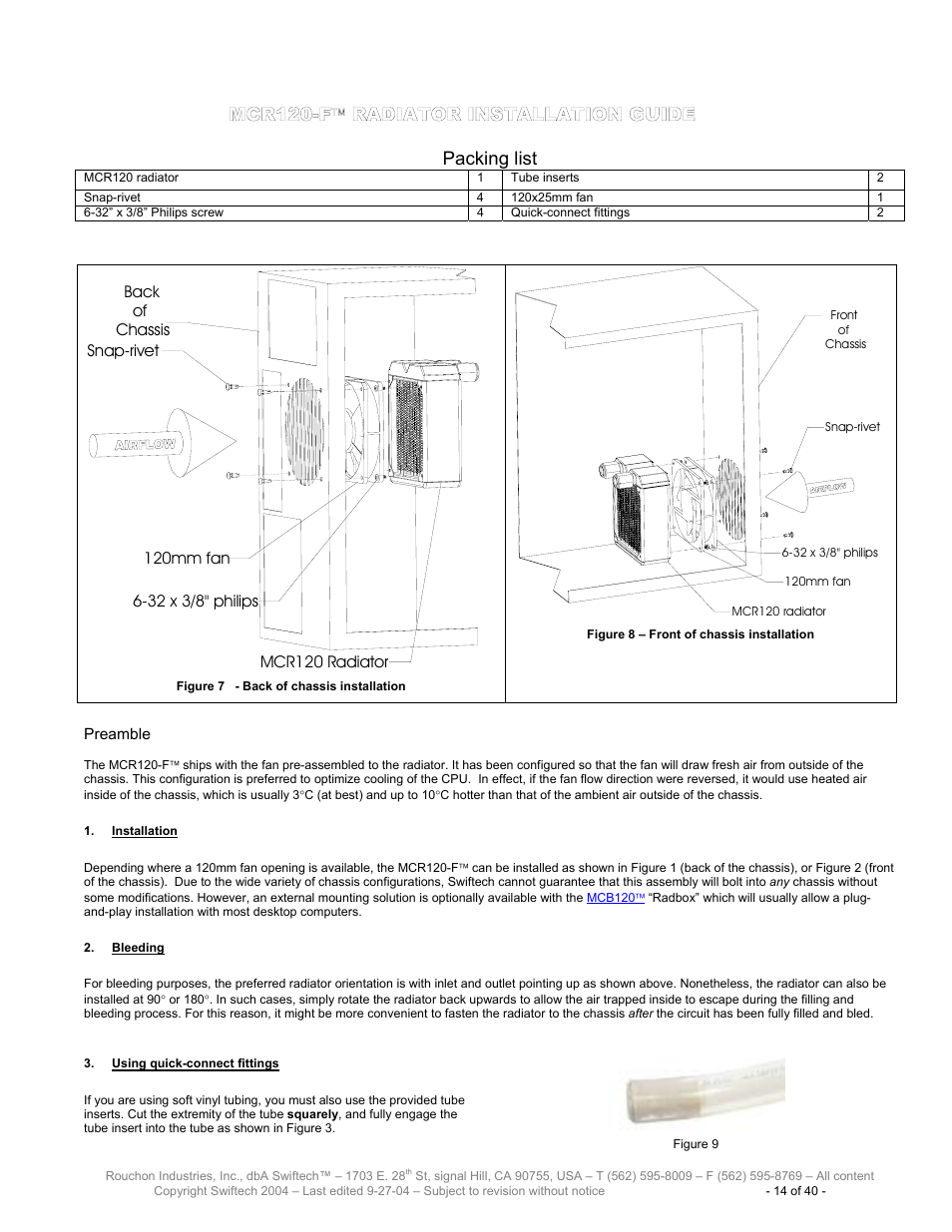 Mcr120-f, Radiator installation guide, Nstallation | Leeding, Sing quick, Connect fittings, Packing list | Swiftech H20 120 R2 User Manual | Page 14 / 40