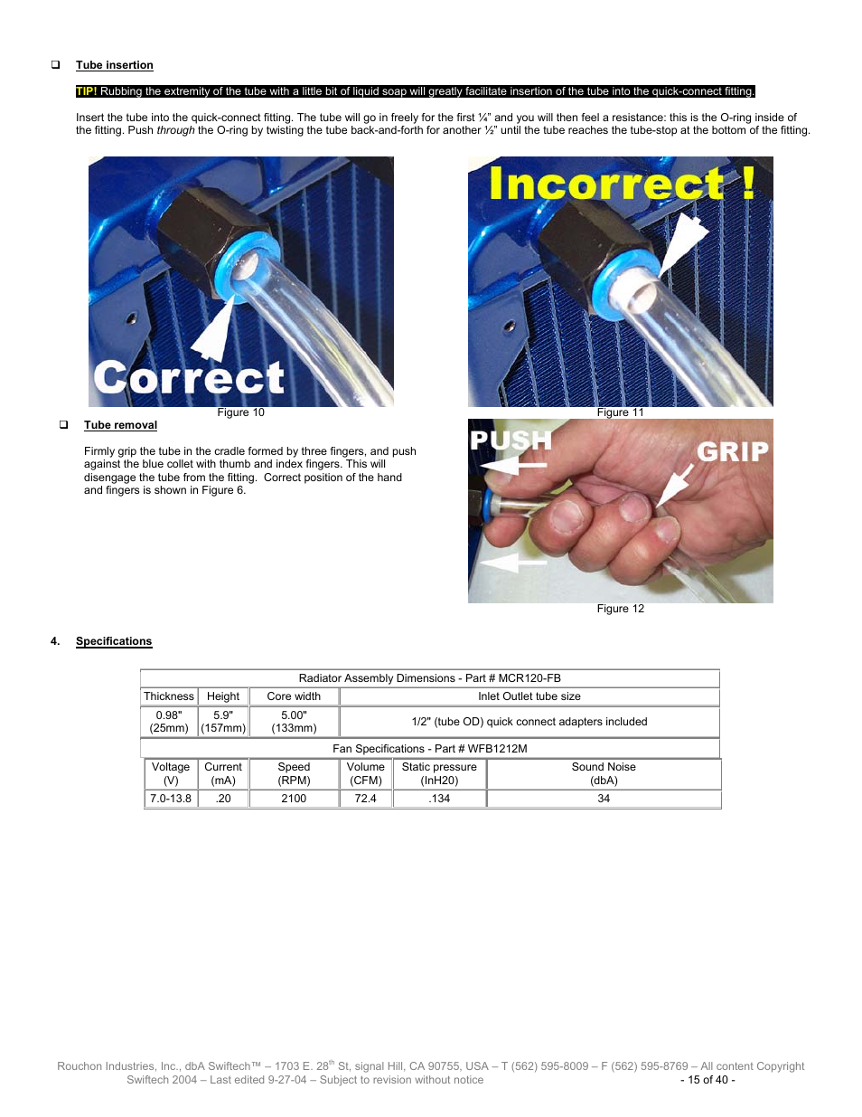 Pecifications | Swiftech H20 120 R2 User Manual | Page 15 / 40