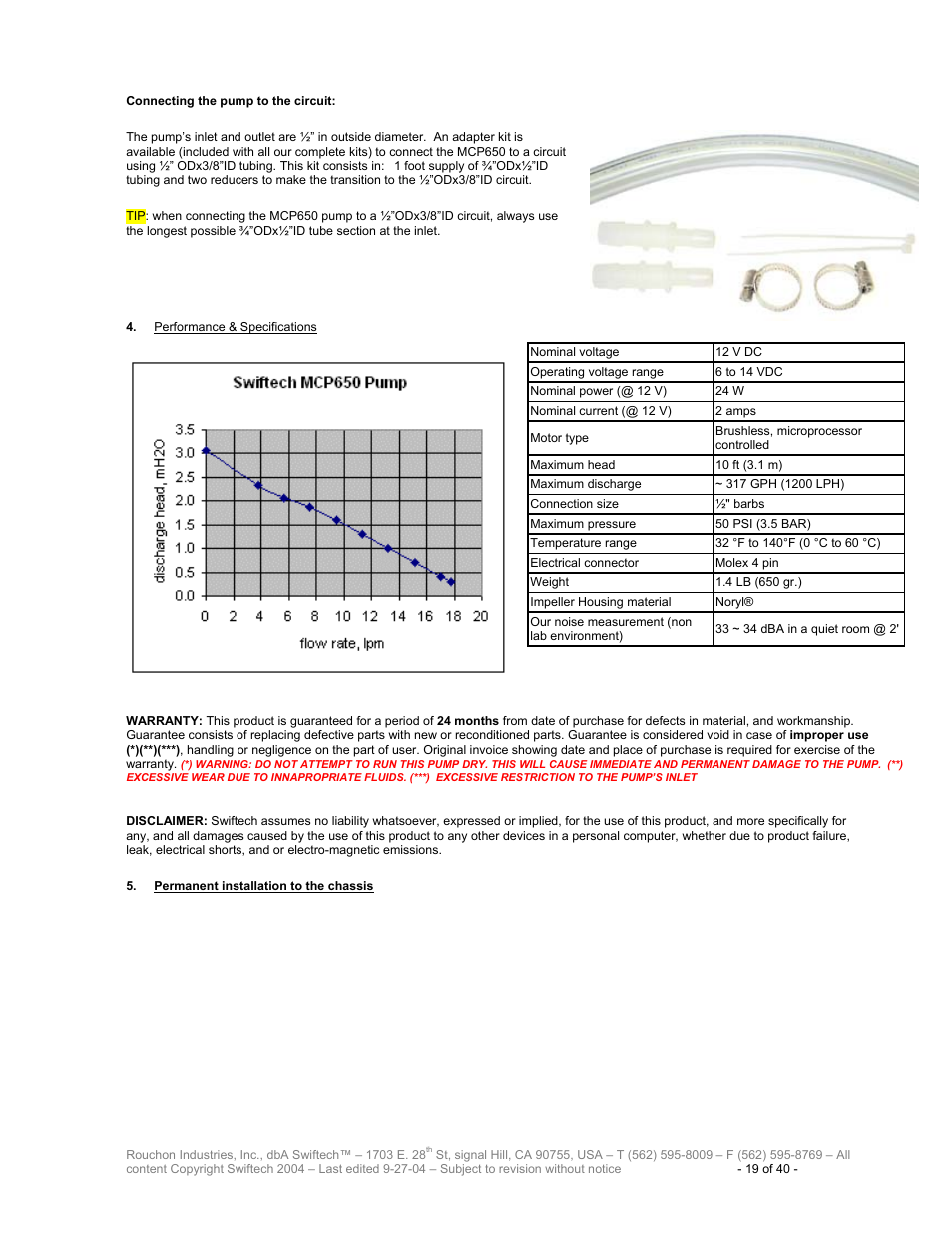 Erformance, Pecifications, Ermanent installation to the chassis | Swiftech H20 120 R2 User Manual | Page 19 / 40