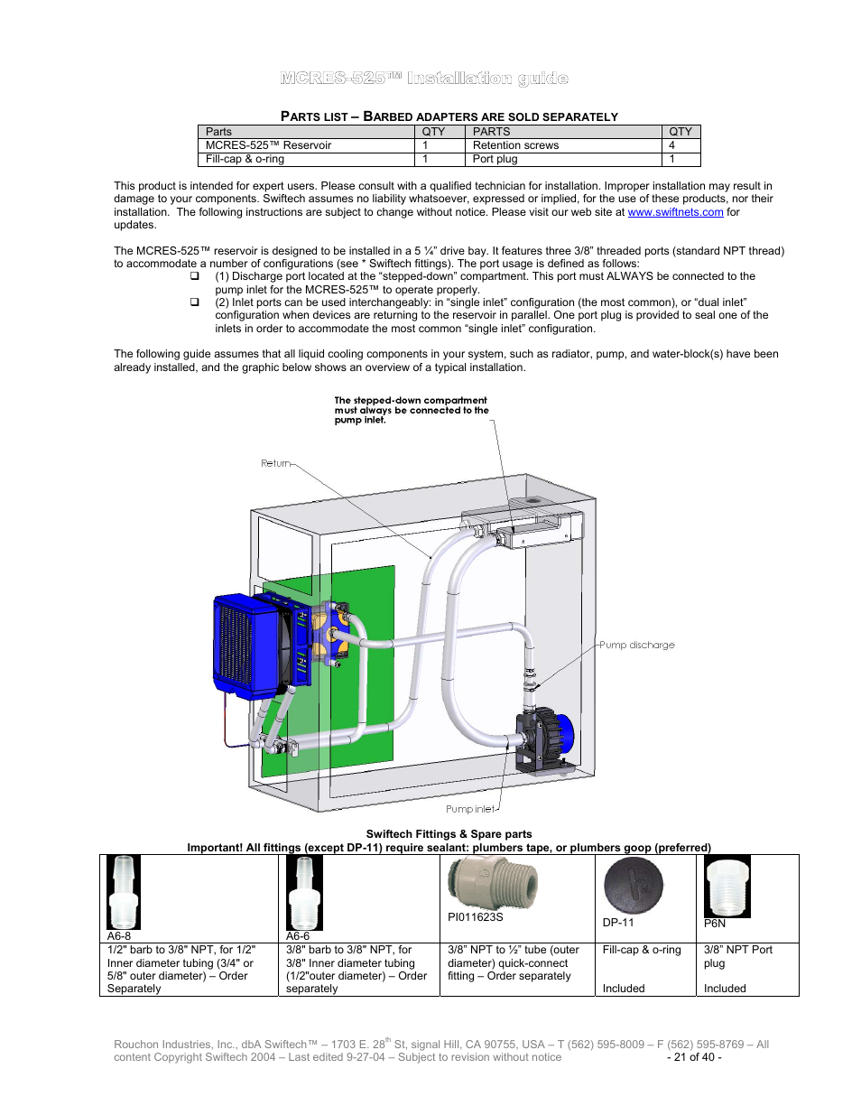 Parts list – barbed adapters are sold separately, Mcres-525™ i, Nstallation guide | Swiftech H20 120 R2 User Manual | Page 21 / 40